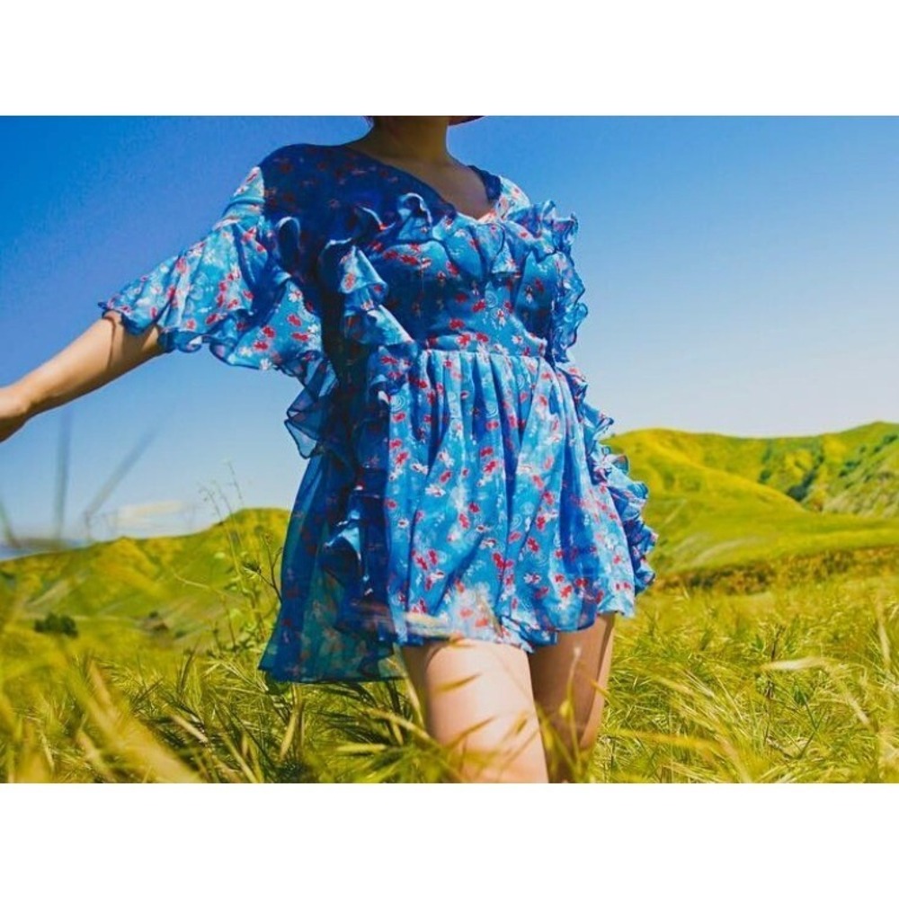 Ruffle Mini Dress Koi‎ Fish Print V Neck Short Sleeve Blue Size L